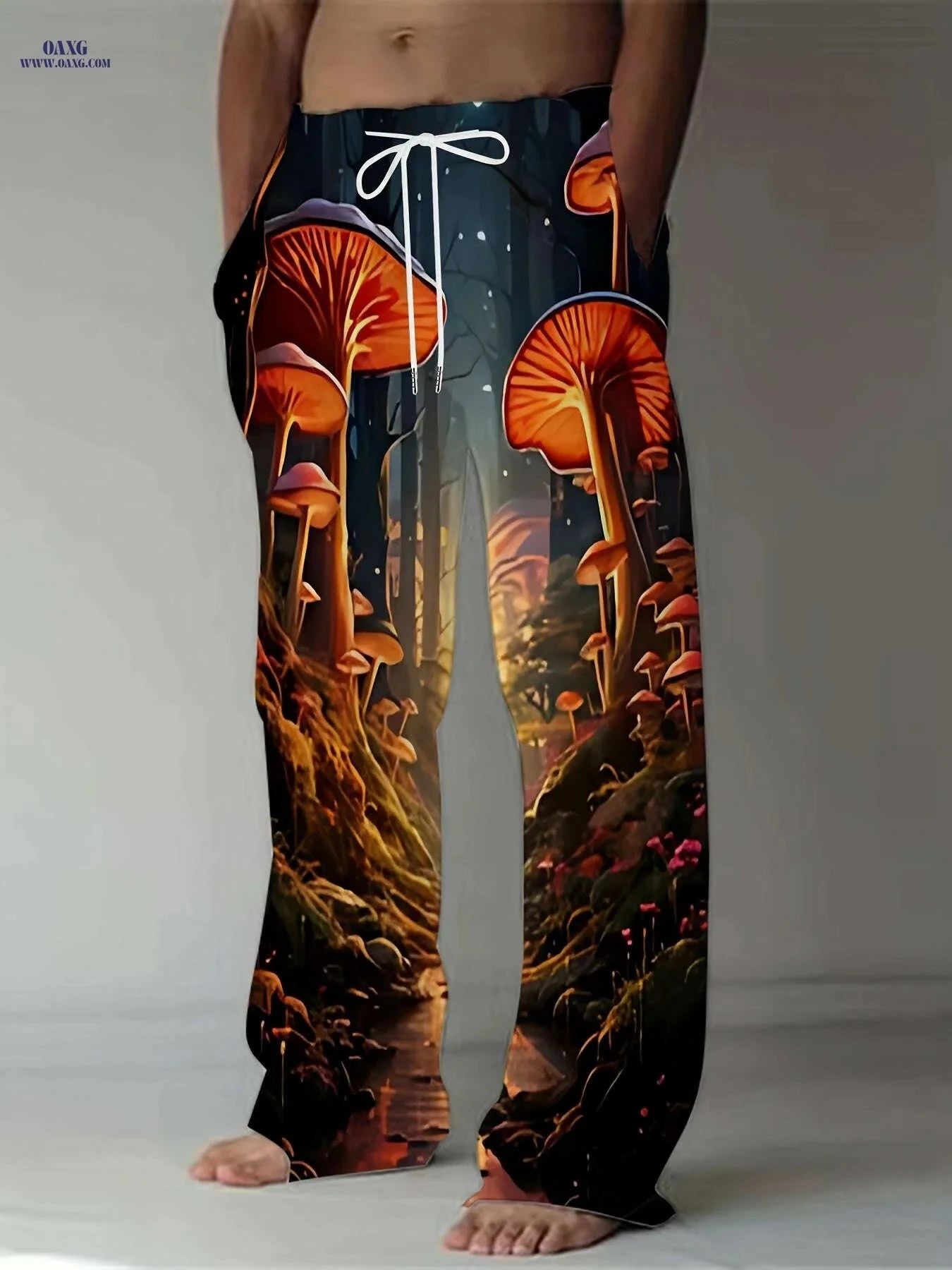 Casual Straight Leg Pants - Vibrant Mushroom Forest 3D Print, Loose Fit   OAXG Mixed Color / M