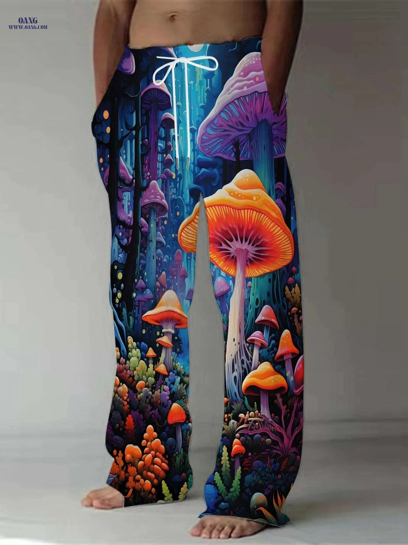 Casual Straight Leg Pants - Vibrant Mushroom Forest 3D Print, Loose Fit   OAXG Mixed Color / M