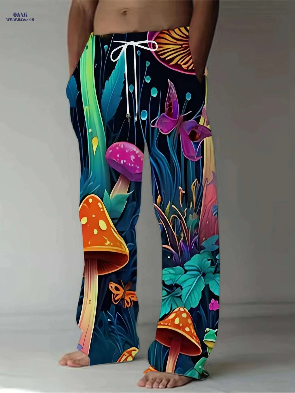 Casual Straight Leg Pants - Vibrant Mushroom Forest 3D Print, Loose Fit   OAXG Mixed Color / M