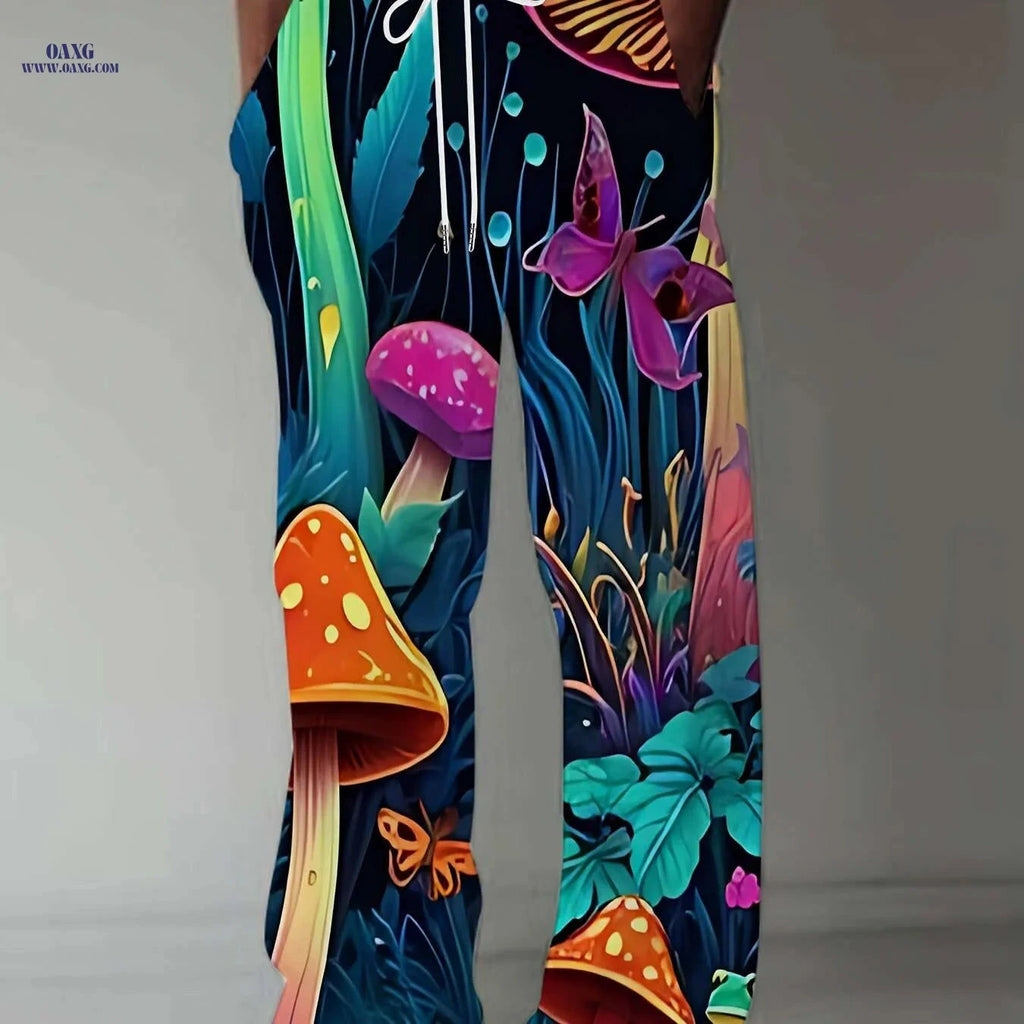 Casual Straight Leg Pants - Vibrant Mushroom Forest 3D Print, Loose Fit   OAXG Mixed Color / M