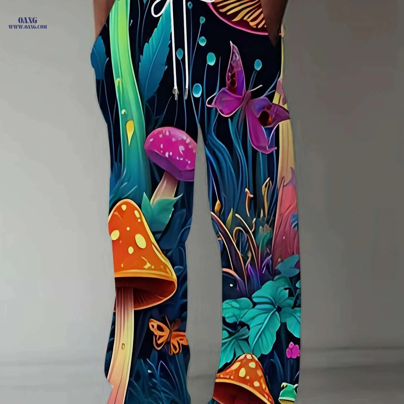 Casual Straight Leg Pants - Vibrant Mushroom Forest 3D Print, Loose Fit   OAXG Mixed Color / M