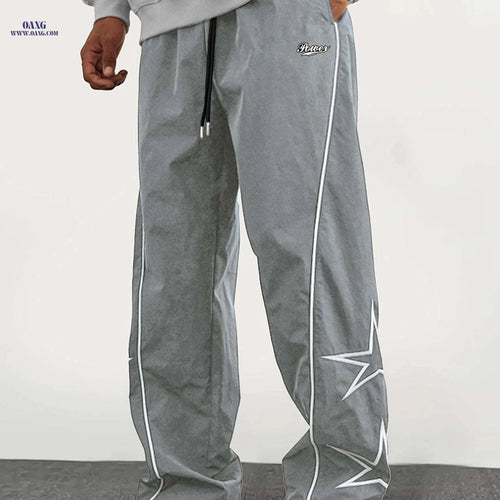 Casual Straight-Leg Pants with Star Patch - Elastic-Free Drawstring   OAXG Black / FR S