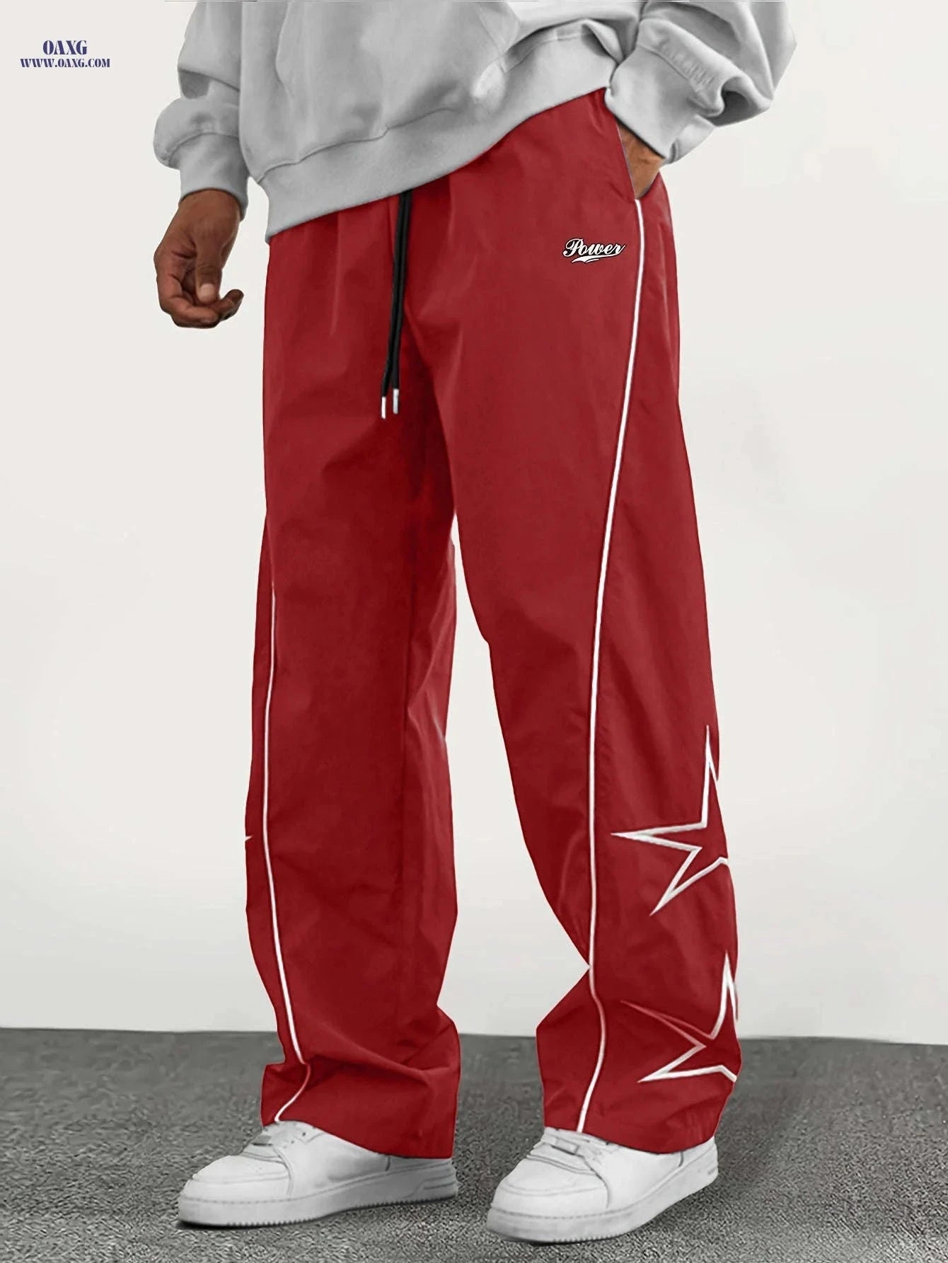 Casual Straight-Leg Pants with Star Patch - Elastic-Free Drawstring   OAXG Black / FR S