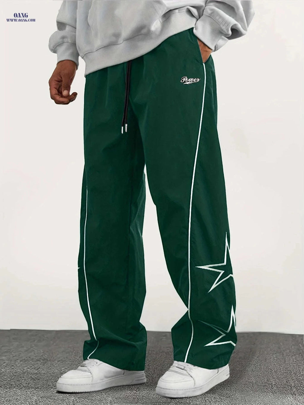 Casual Straight-Leg Pants with Star Patch - Elastic-Free Drawstring   OAXG Black / FR S