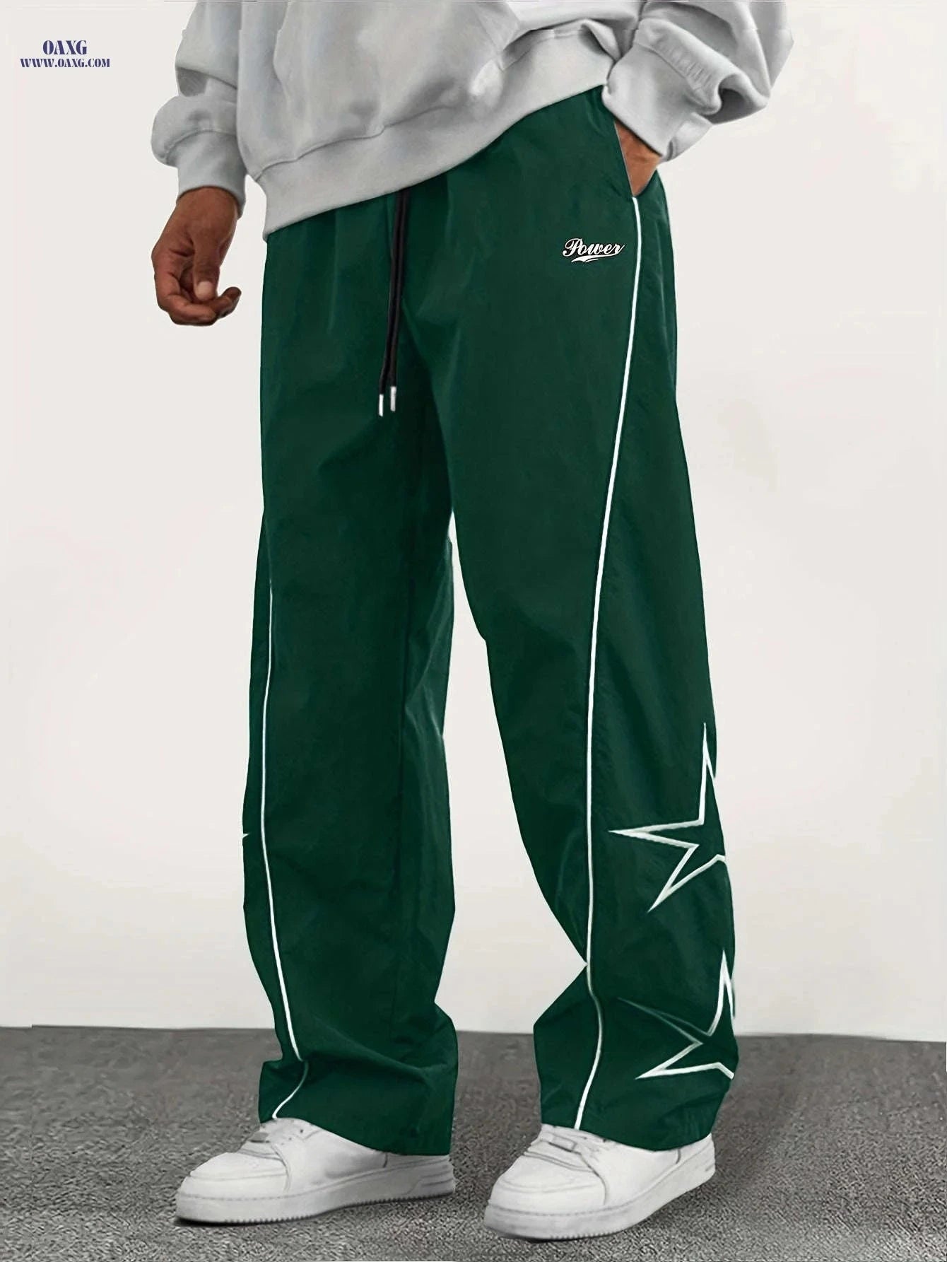Casual Straight-Leg Pants with Star Patch - Elastic-Free Drawstring   OAXG Black / FR S
