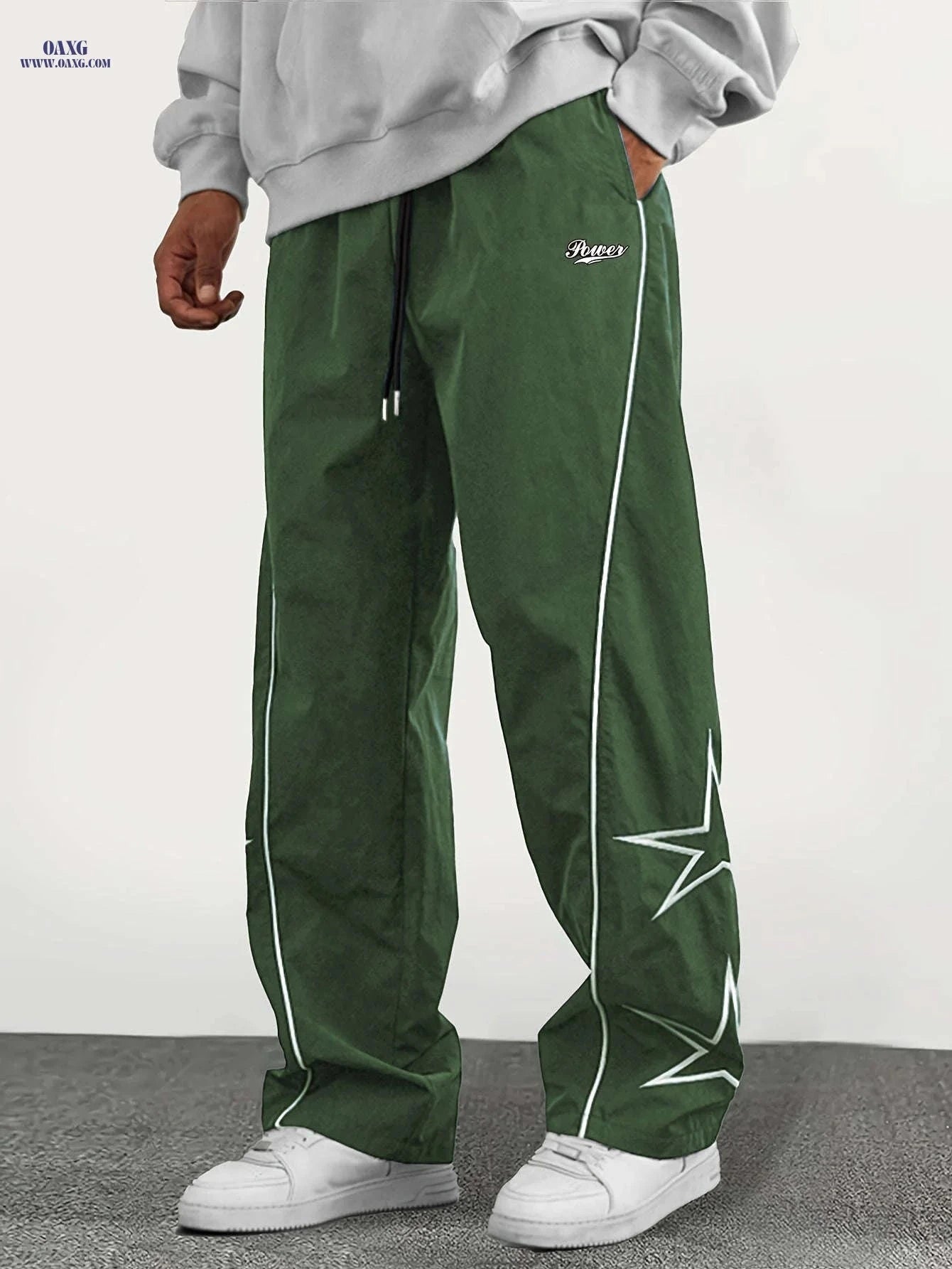 Casual Straight-Leg Pants with Star Patch - Elastic-Free Drawstring   OAXG Black / FR S