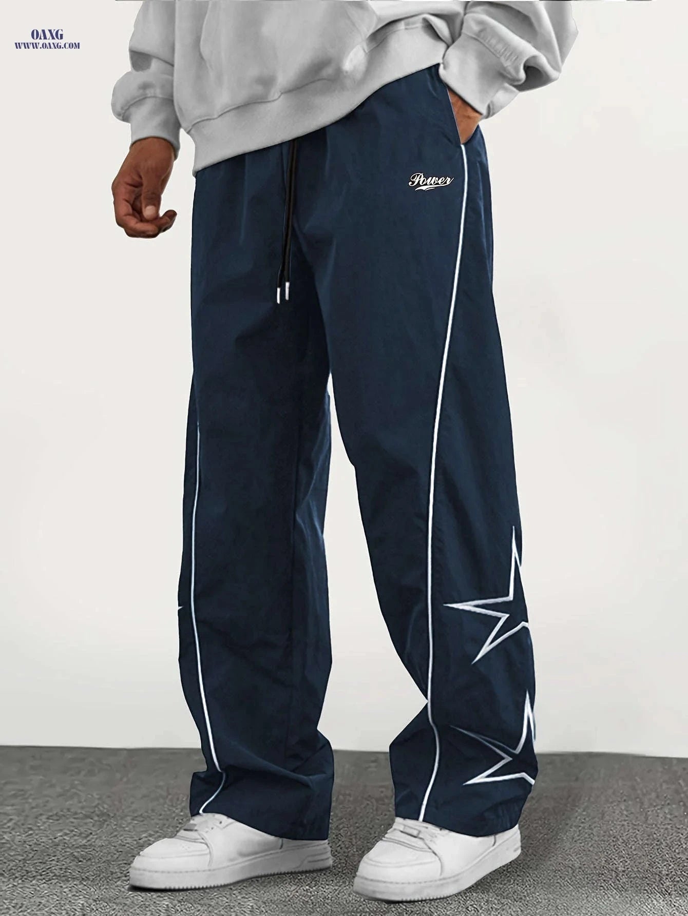 Casual Straight-Leg Pants with Star Patch - Elastic-Free Drawstring   OAXG 