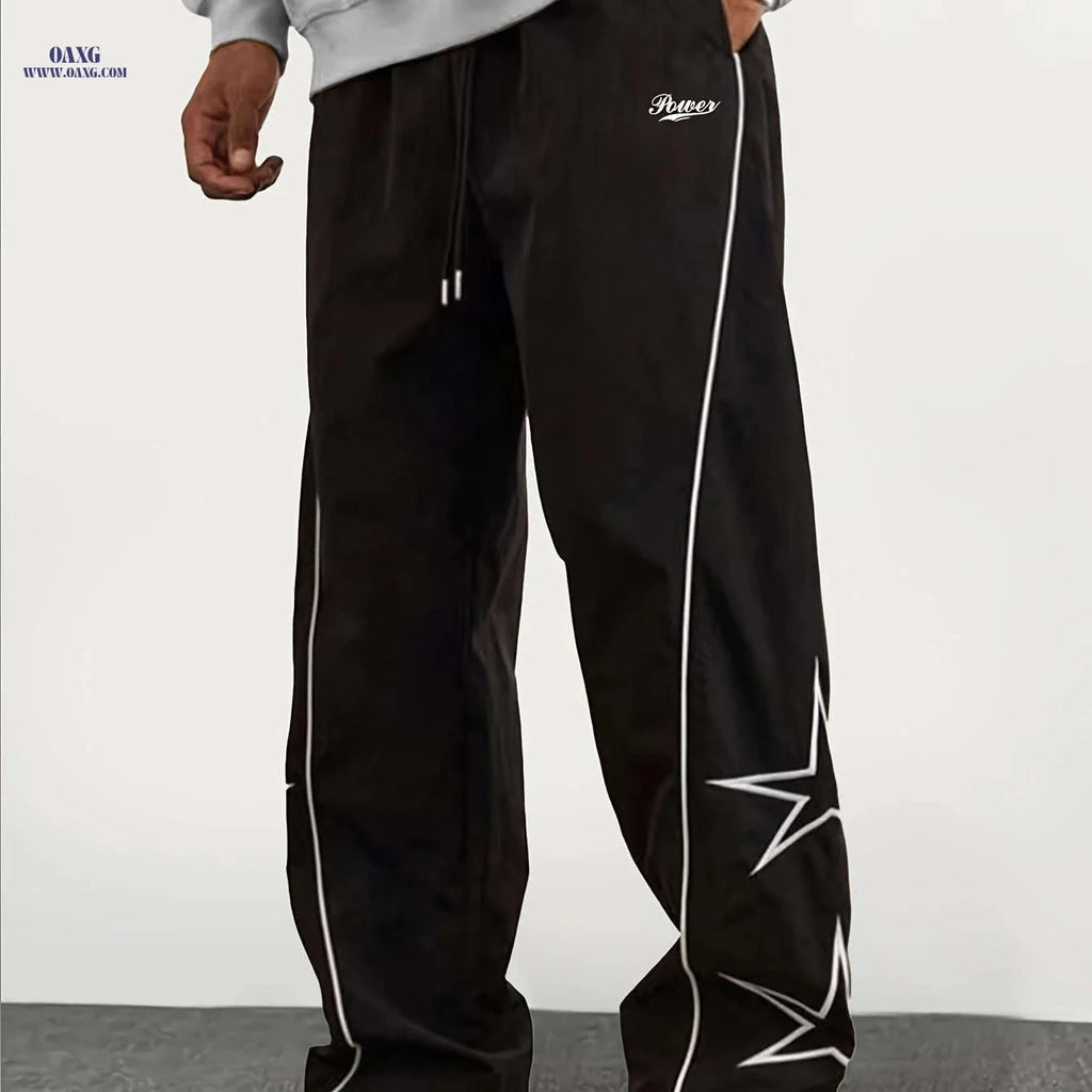 Casual Straight-Leg Pants with Star Patch - Elastic-Free Drawstring   OAXG 
