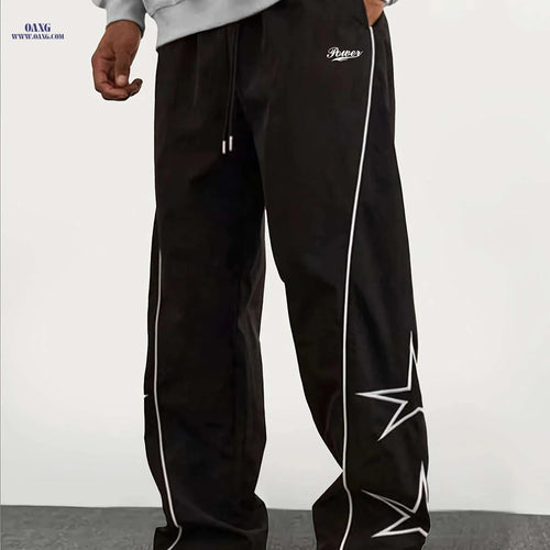 Casual Straight-Leg Pants with Star Patch - Elastic-Free Drawstring   OAXG 