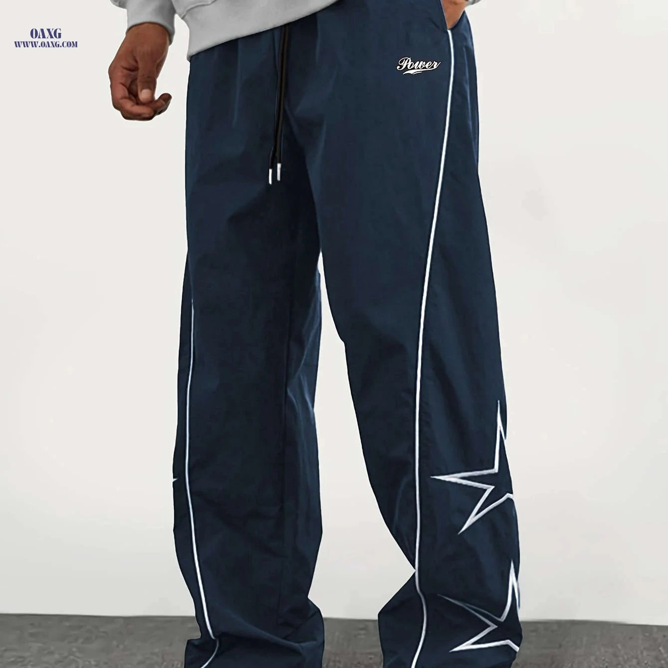 Casual Straight-Leg Pants with Star Patch - Elastic-Free Drawstring   OAXG 