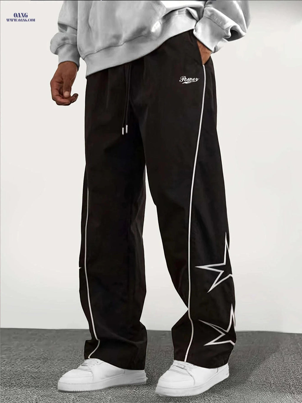 Casual Straight-Leg Pants with Star Patch - Elastic-Free Drawstring   OAXG 