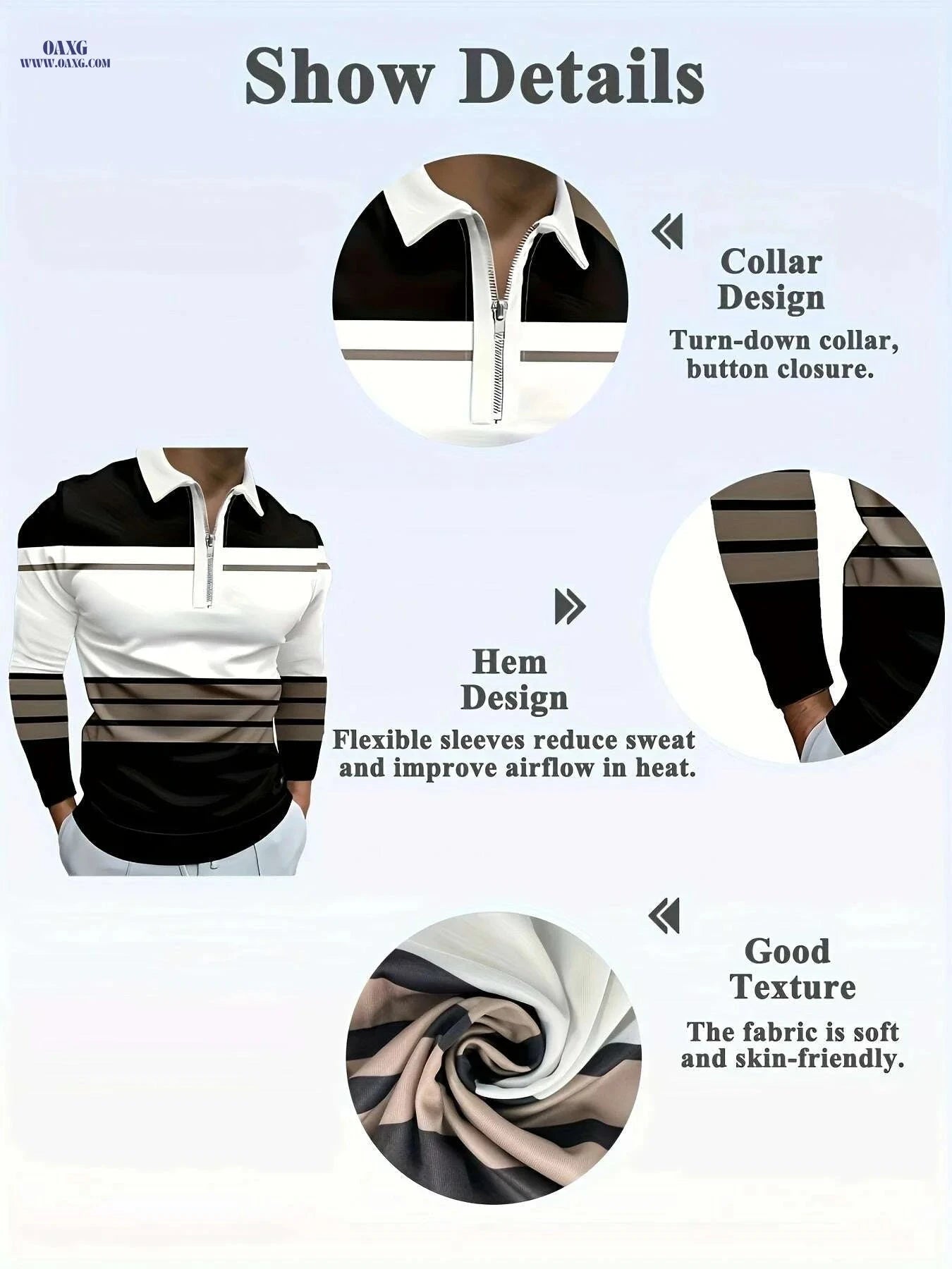 Casual Striped Long Sleeve Shirt - Zipper Closure for All Seasons   OAXG Mixed Color / M