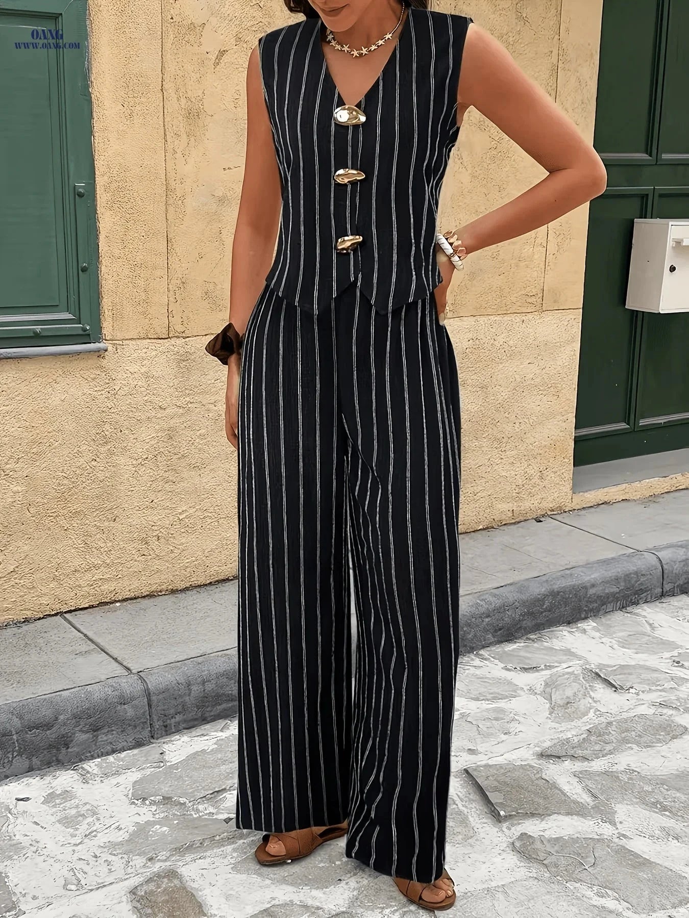 Casual Striped Stretch Sleeveless Top & Wide-Leg Pants Set   OAXG Beige / S