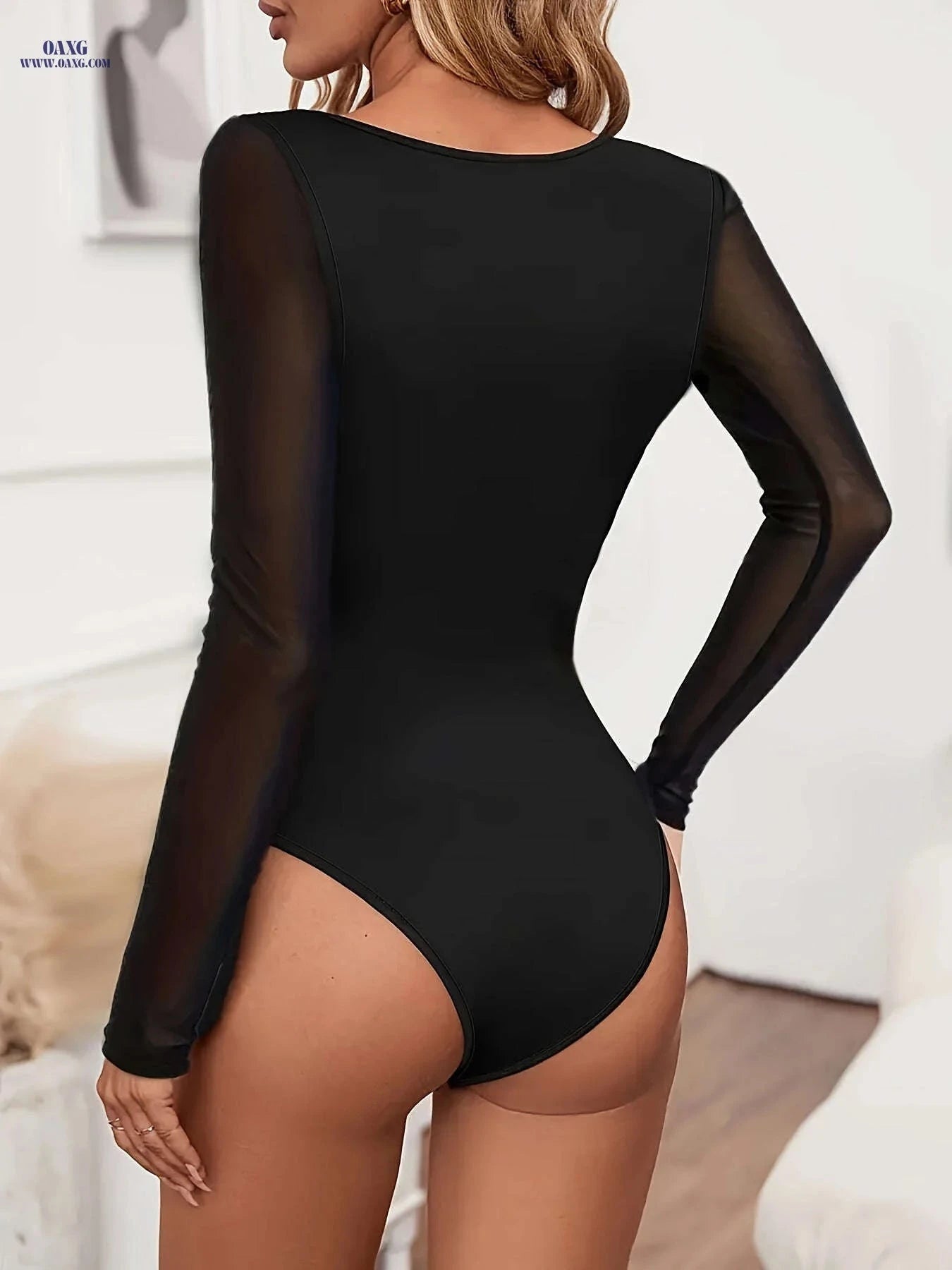 Casual Stylish Mesh Bodysuit - Versatile V-Neck for All Seasons   OAXG Black / S