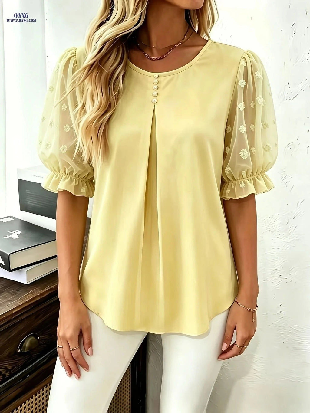 Casual Summer Crew Neck Top - Faux Pearl Accents & Loose Fit   OAXG Lemon Yellow / S