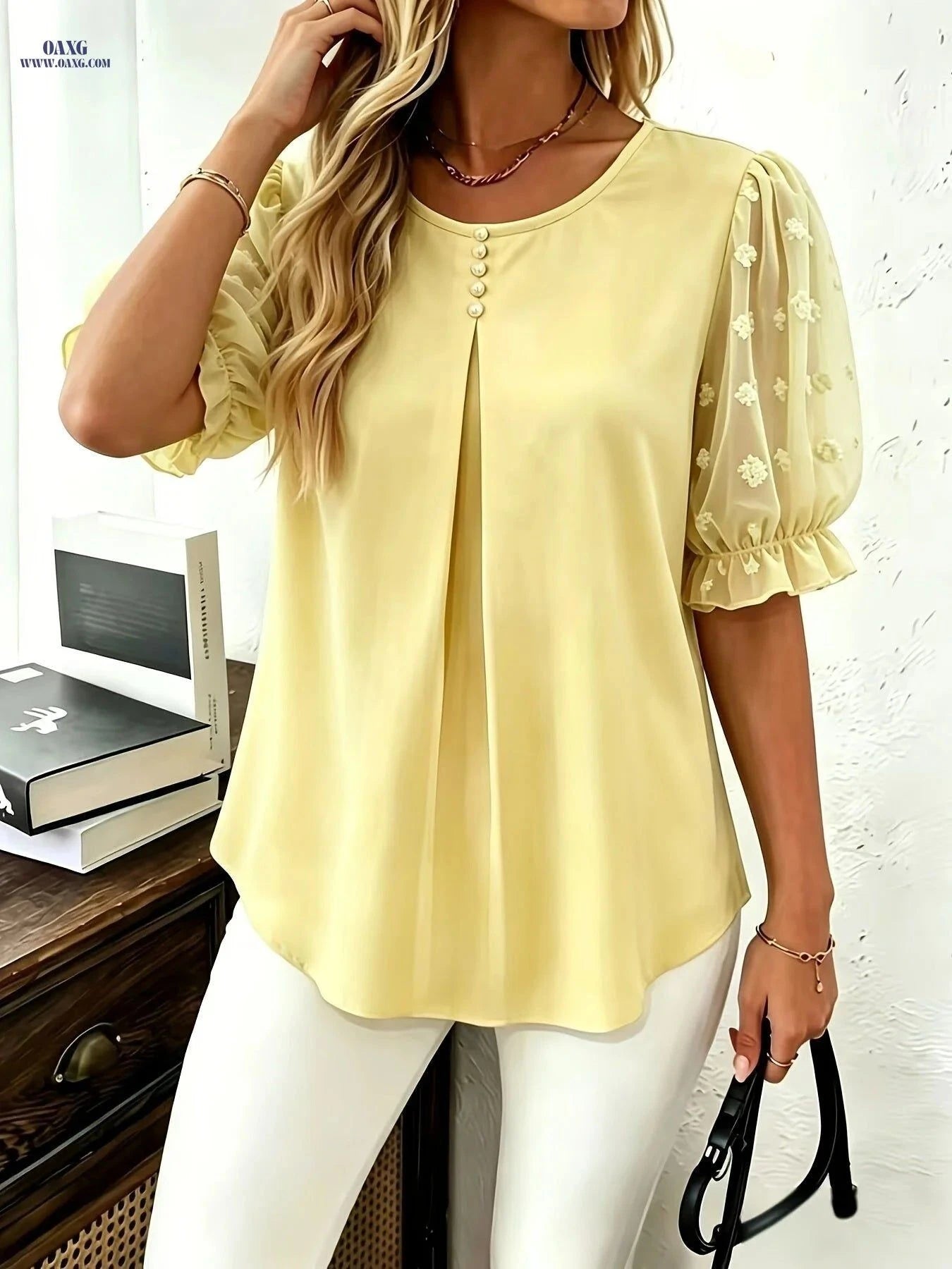 Casual Summer Crew Neck Top - Faux Pearl Accents & Loose Fit   OAXG Lemon Yellow / S