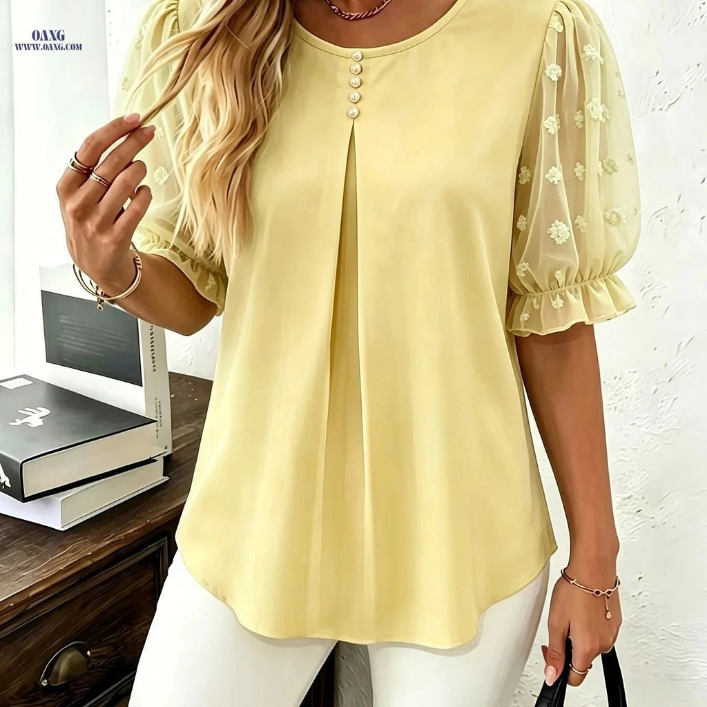 Casual Summer Crew Neck Top - Faux Pearl Accents & Loose Fit   OAXG Lemon Yellow / S