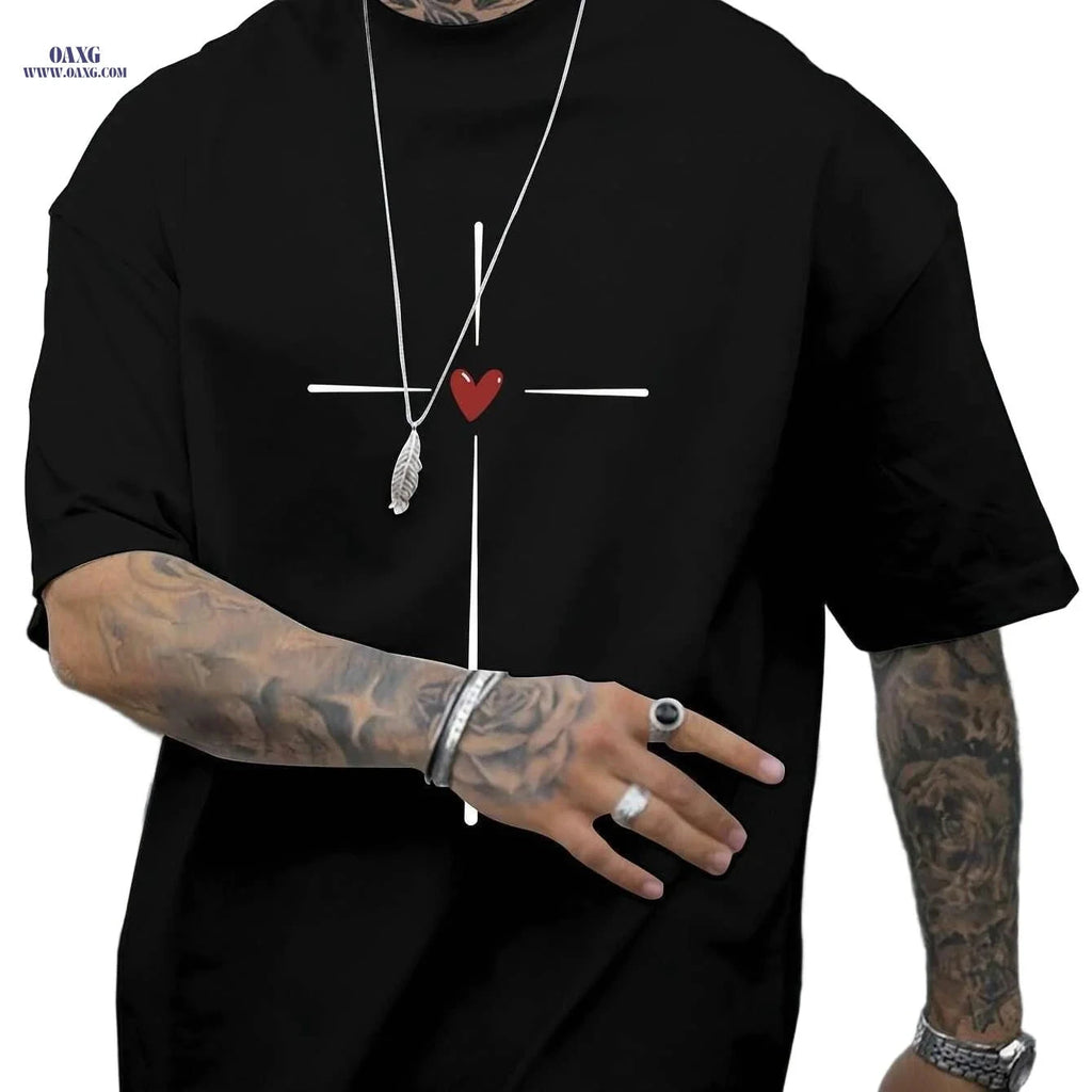 Casual Summer Love Heart Graphic T-shirt for Men - Short Sleeve Crew Neck   OAXG Black / S