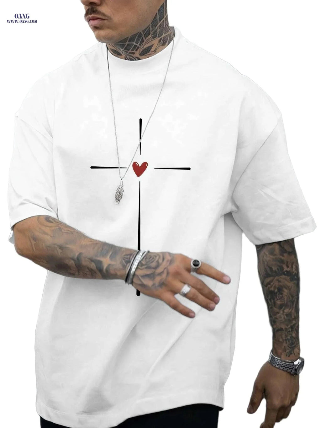 Casual Summer Love Heart Graphic T-shirt for Men - Short Sleeve Crew Neck   OAXG Black / S