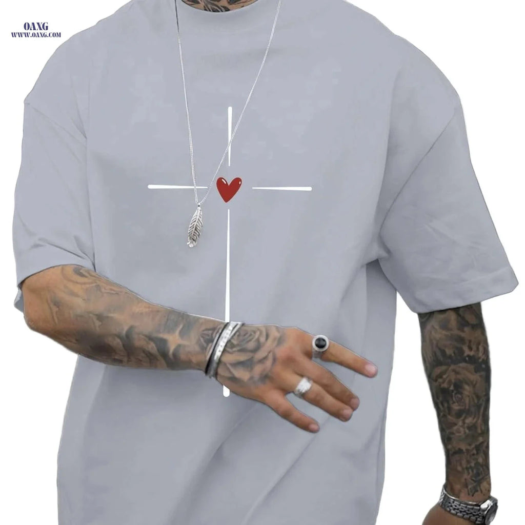 Casual Summer Love Heart Graphic T-shirt for Men - Short Sleeve Crew Neck   OAXG Black / S