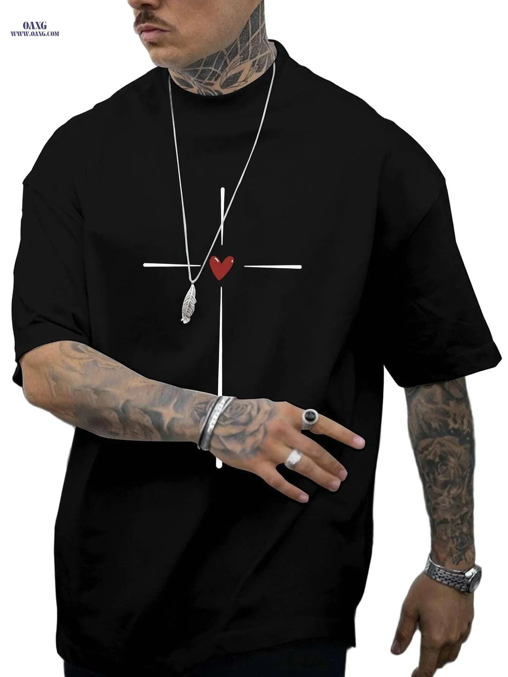Casual Summer Love Heart Graphic T-shirt for Men - Short Sleeve Crew Neck   OAXG Black / S