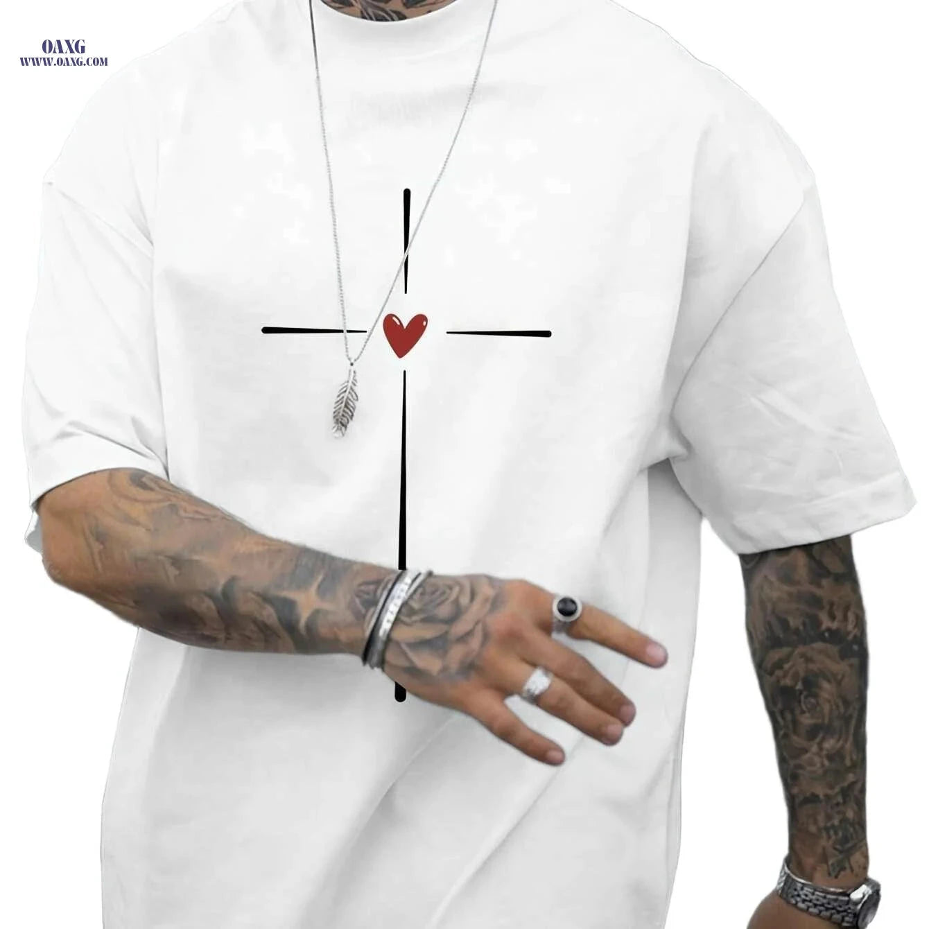 Casual Summer Love Heart Graphic T-shirt for Men - Short Sleeve Crew Neck   OAXG Black / S