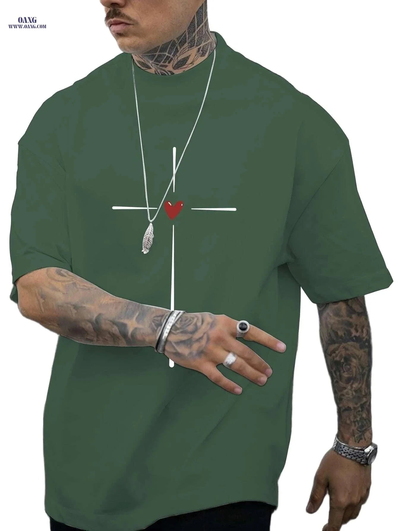Casual Summer Love Heart Graphic T-shirt for Men - Short Sleeve Crew Neck   OAXG 