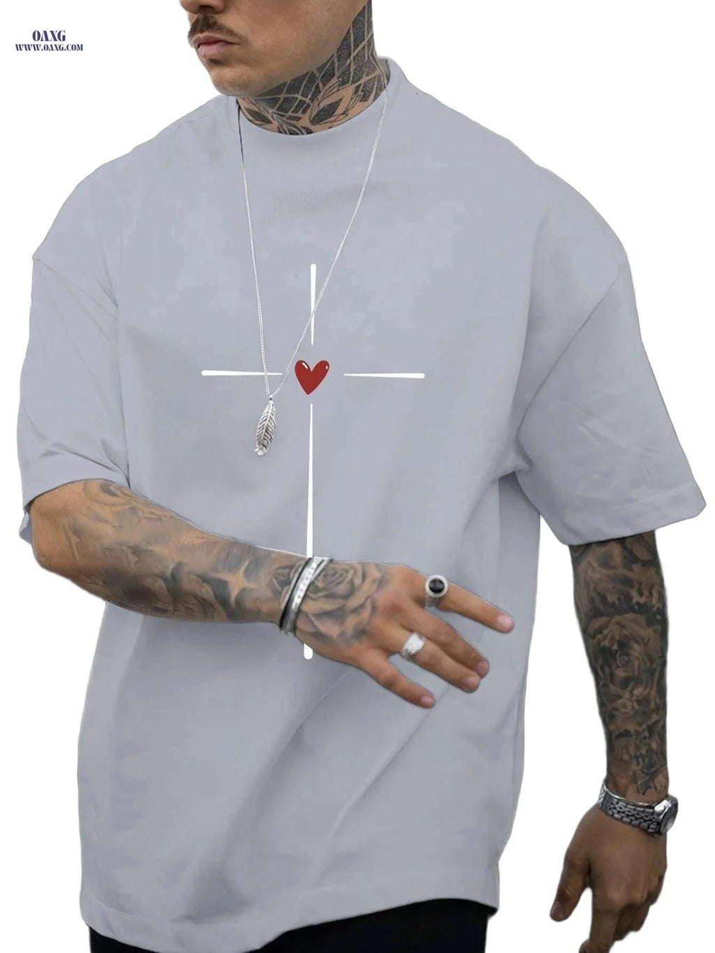 Casual Summer Love Heart Graphic T-shirt for Men - Short Sleeve Crew Neck   OAXG 