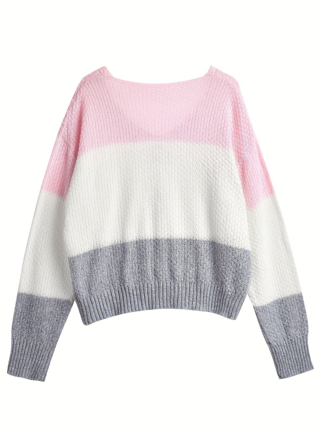 Casual Sweater, V-Neck Pullover, Contrast Striped Design, Fake Buttons, Women'S Clothing   OAXG Multicolor / S