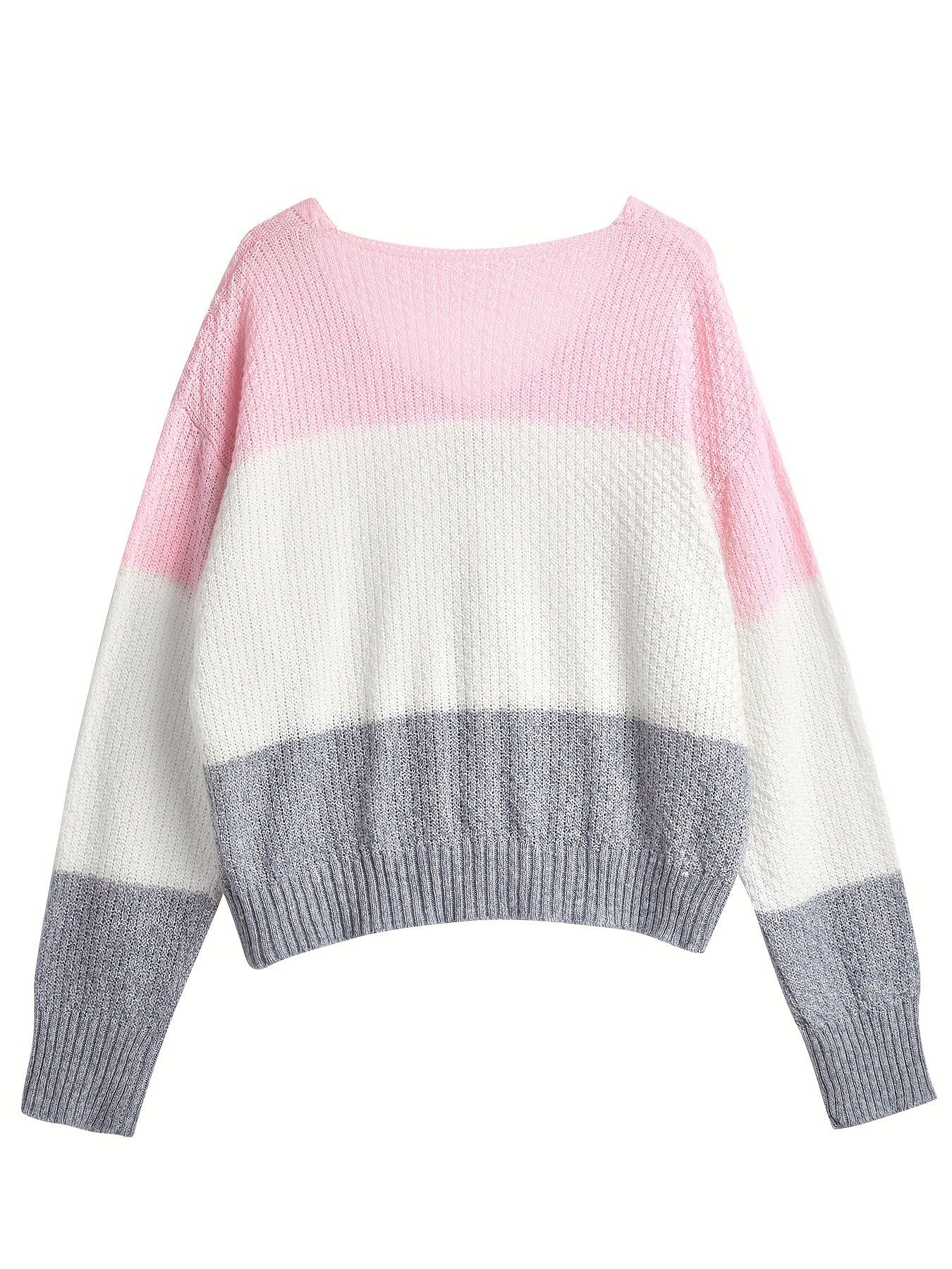 Casual Sweater, V-Neck Pullover, Contrast Striped Design, Fake Buttons, Women'S Clothing   OAXG Multicolor / S