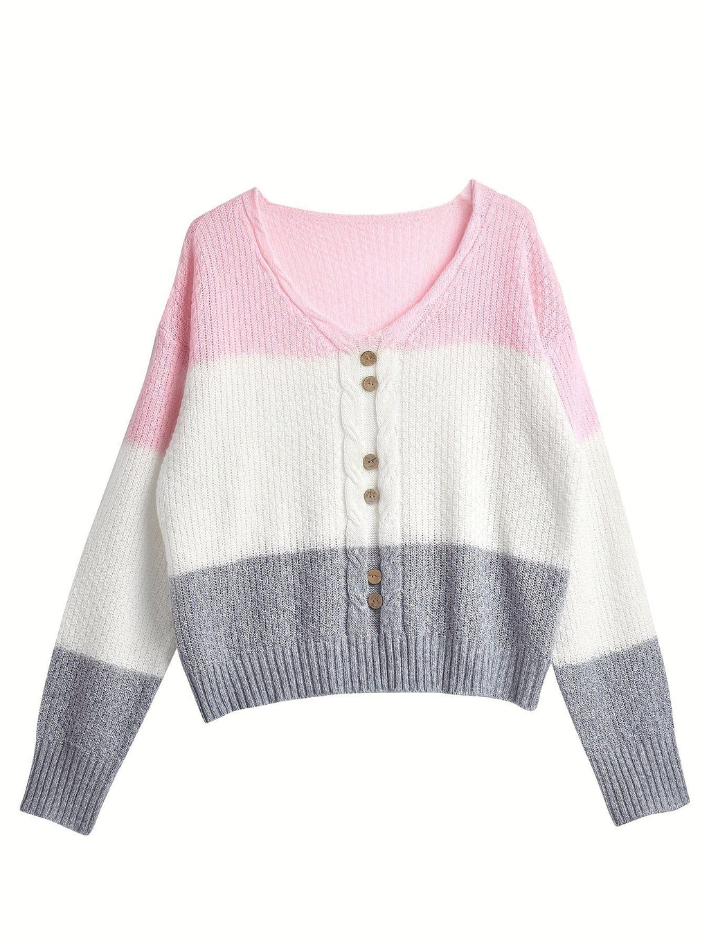 Casual Sweater, V-Neck Pullover, Contrast Striped Design, Fake Buttons, Women'S Clothing   OAXG Multicolor / S