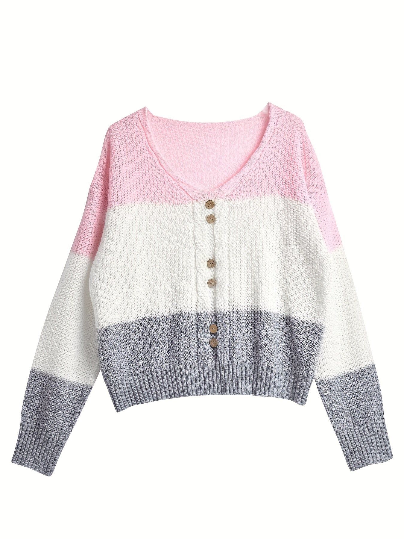 Casual Sweater, V-Neck Pullover, Contrast Striped Design, Fake Buttons, Women'S Clothing   OAXG Multicolor / S