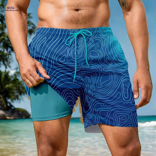 Casual Two-in-One Digital Print Beach Shorts - Adults Polyester   OAXG Peacock Blue / FR S