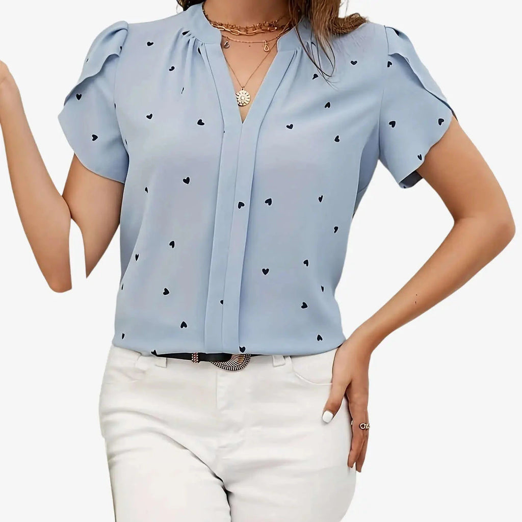 Casual V-Neck Heart Print Shirt - 97% Polyester, Regular Fit   OAXG 