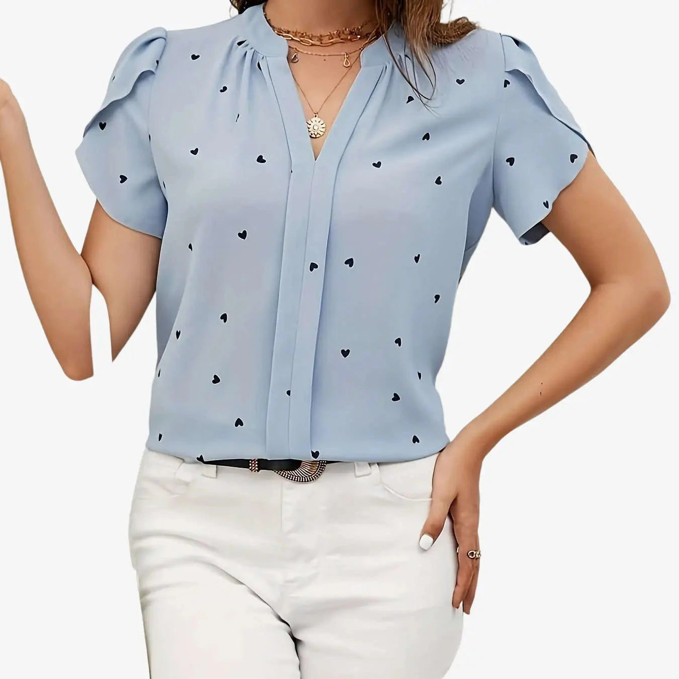 Casual V-Neck Heart Print Shirt - 97% Polyester, Regular Fit   OAXG 