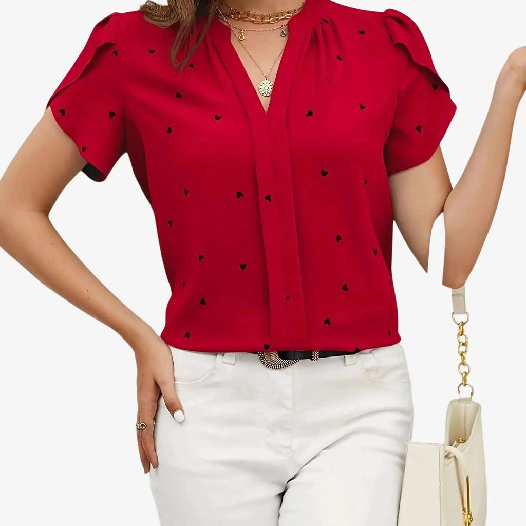 Casual V-Neck Heart Print Shirt - 97% Polyester, Regular Fit   OAXG 