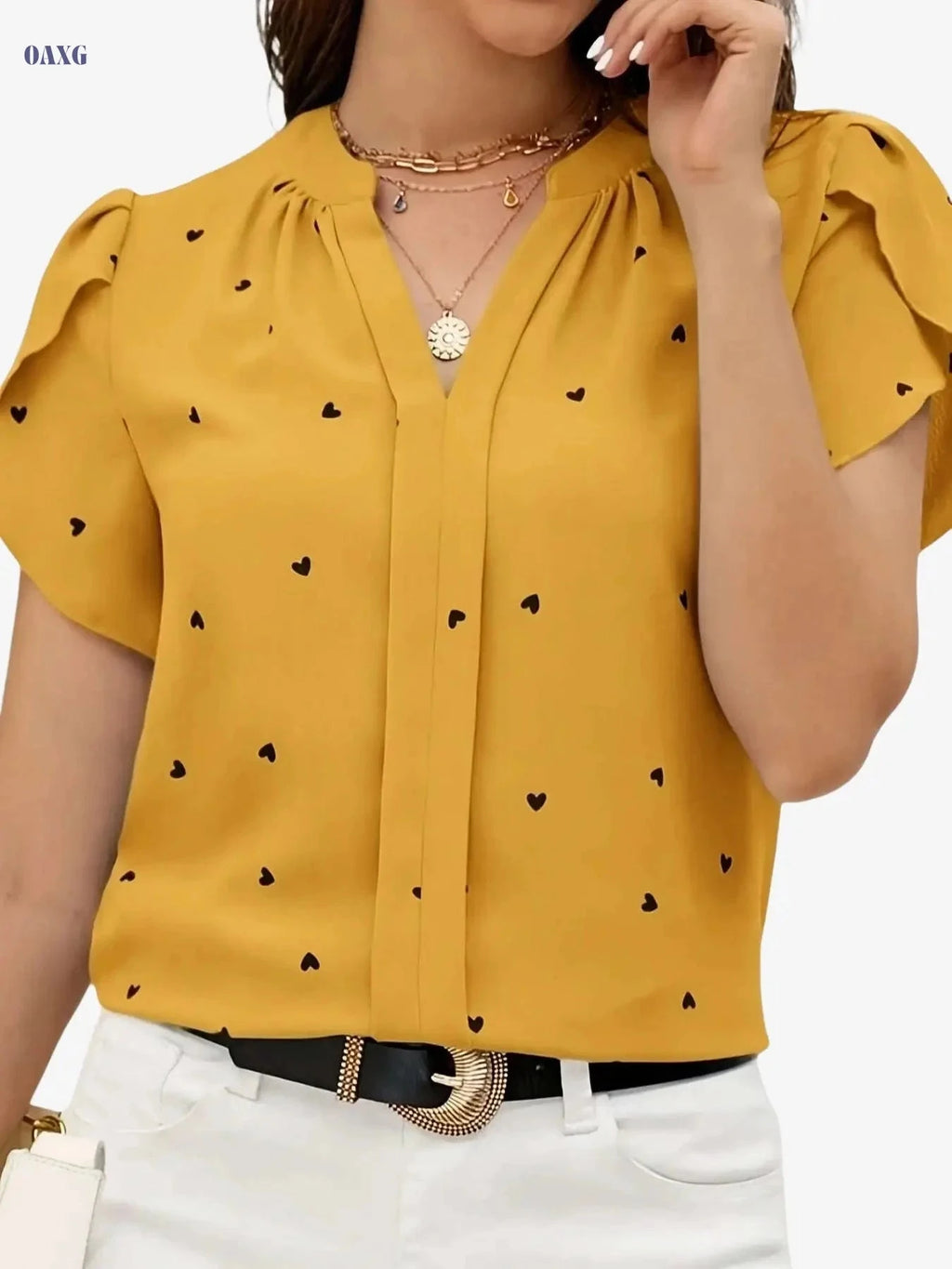 Casual V-Neck Heart Print Shirt - 97% Polyester, Regular Fit   OAXG 