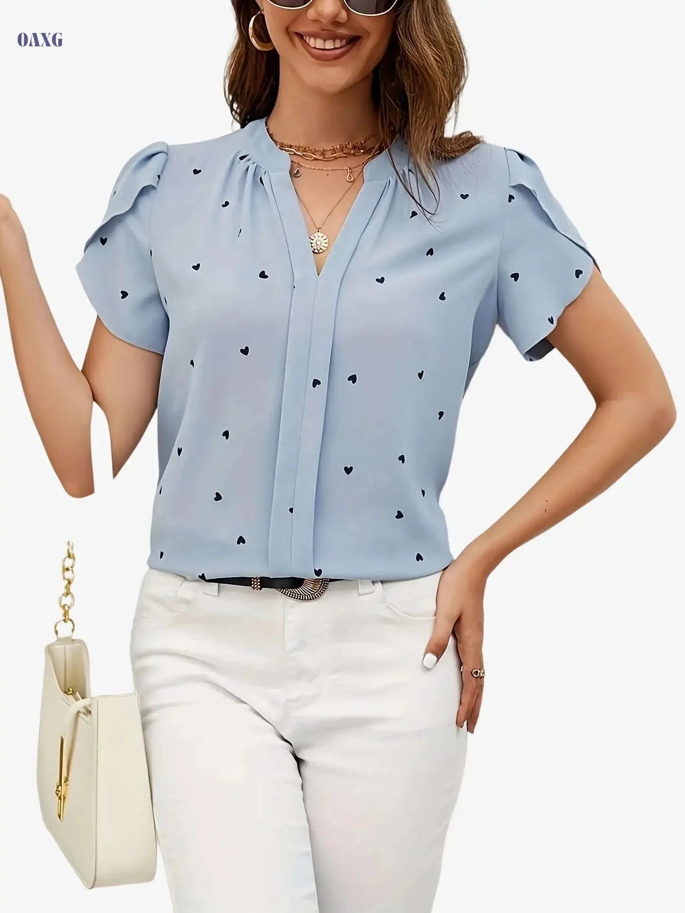 Casual V-Neck Heart Print Shirt - 97% Polyester, Regular Fit   OAXG Brick Red / S