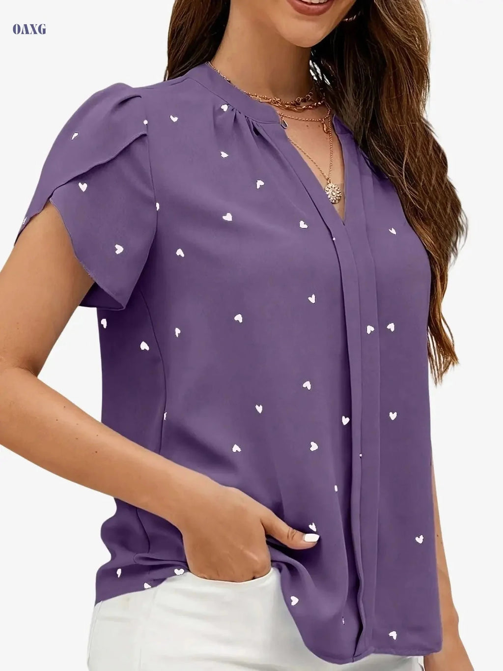 Casual V-Neck Heart Print Shirt - 97% Polyester, Regular Fit   OAXG Brick Red / S