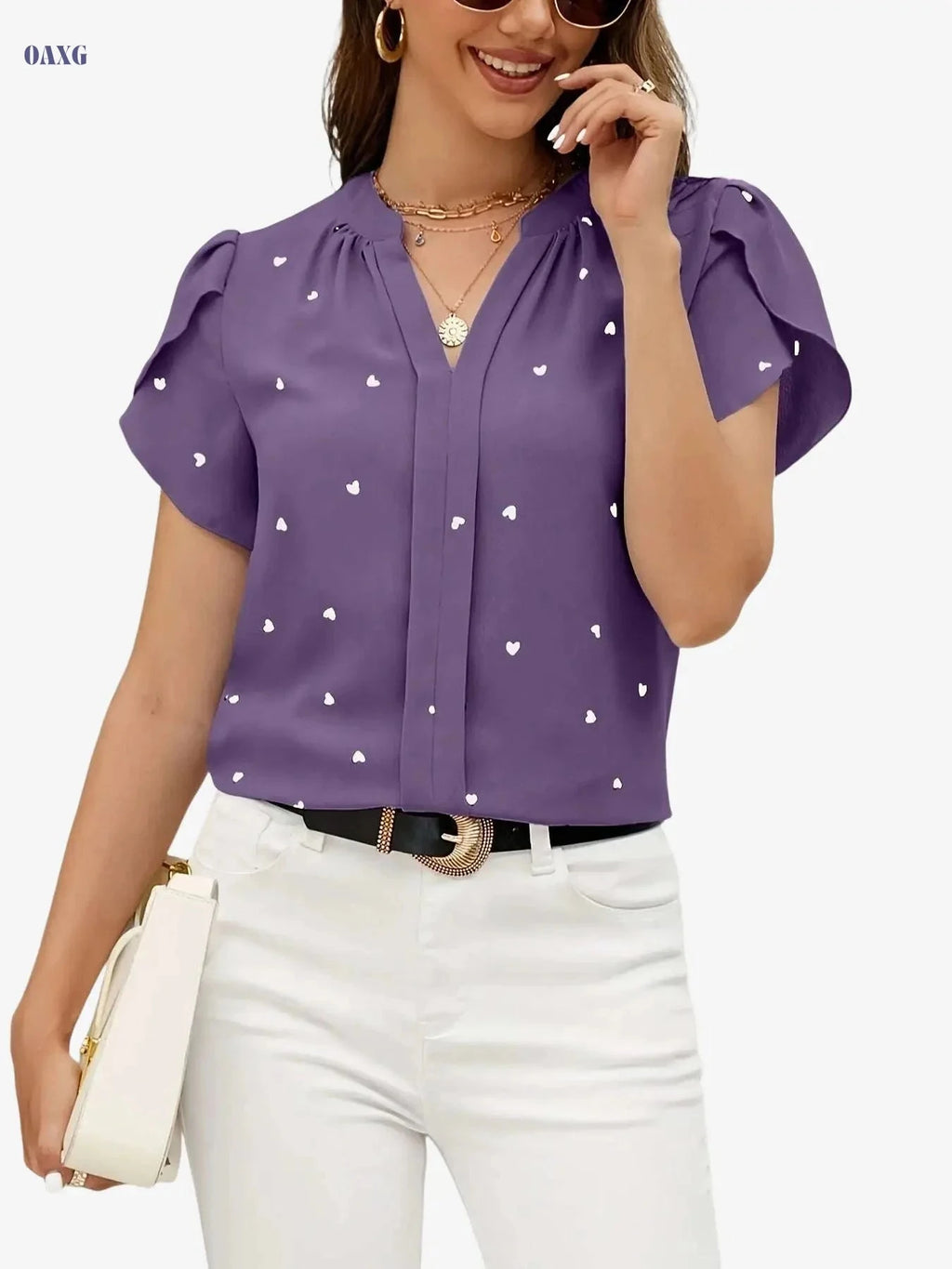 Casual V-Neck Heart Print Shirt - 97% Polyester, Regular Fit   OAXG Brick Red / S