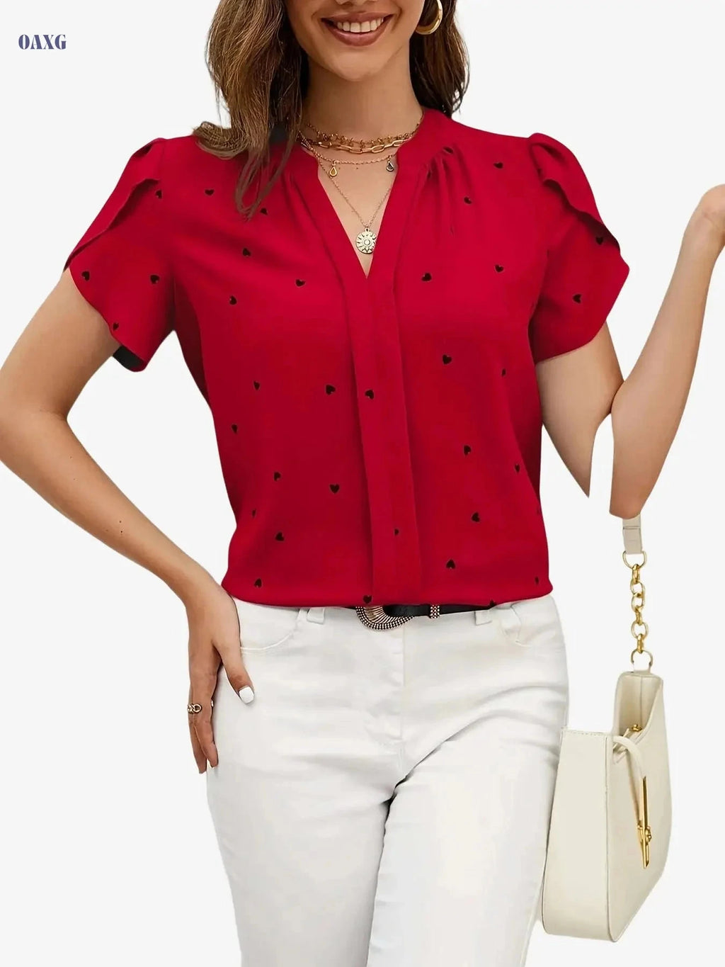 Casual V-Neck Heart Print Shirt - 97% Polyester, Regular Fit   OAXG 