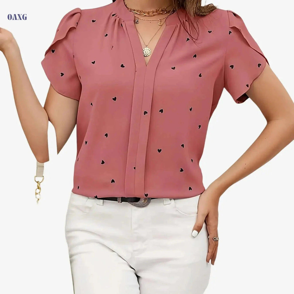 Casual V-Neck Heart Print Shirt - 97% Polyester, Regular Fit   OAXG 