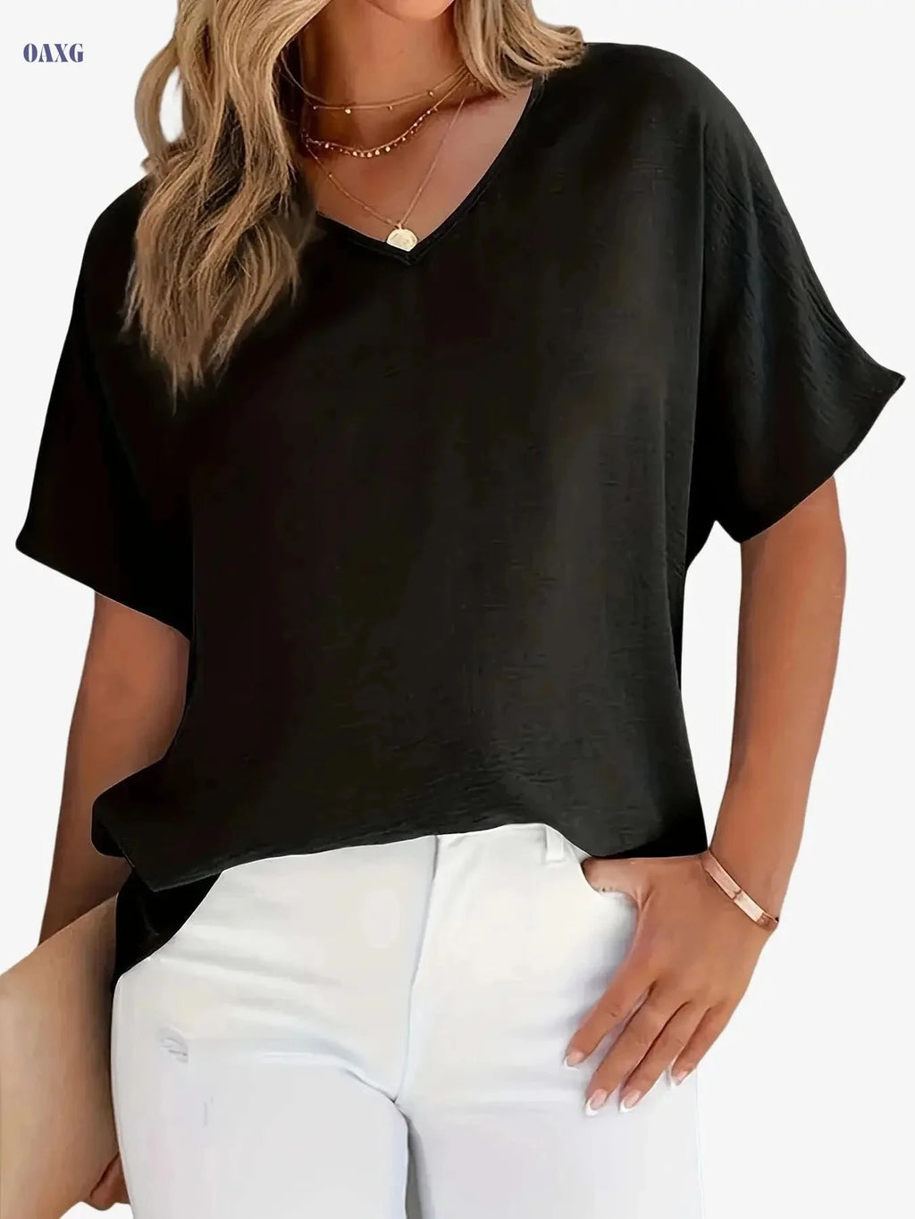 Casual V-Neck Short-Sleeved Shirt - Solid Color Summer Top   OAXG 