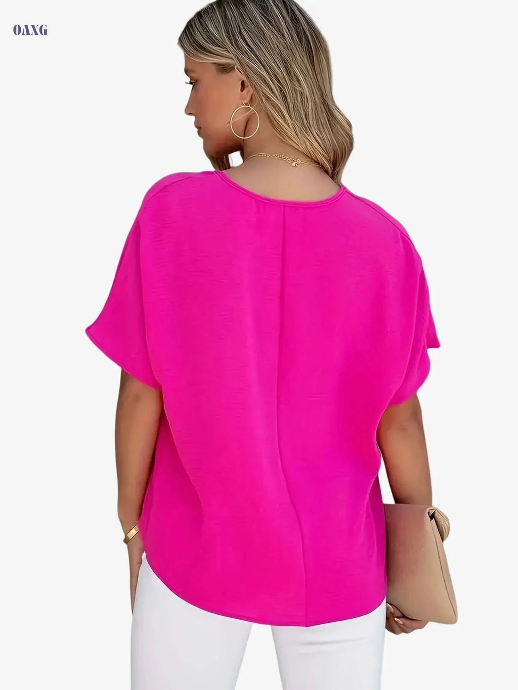 Casual V-Neck Short-Sleeved Shirt - Solid Color Summer Top   OAXG Rose Red / S
