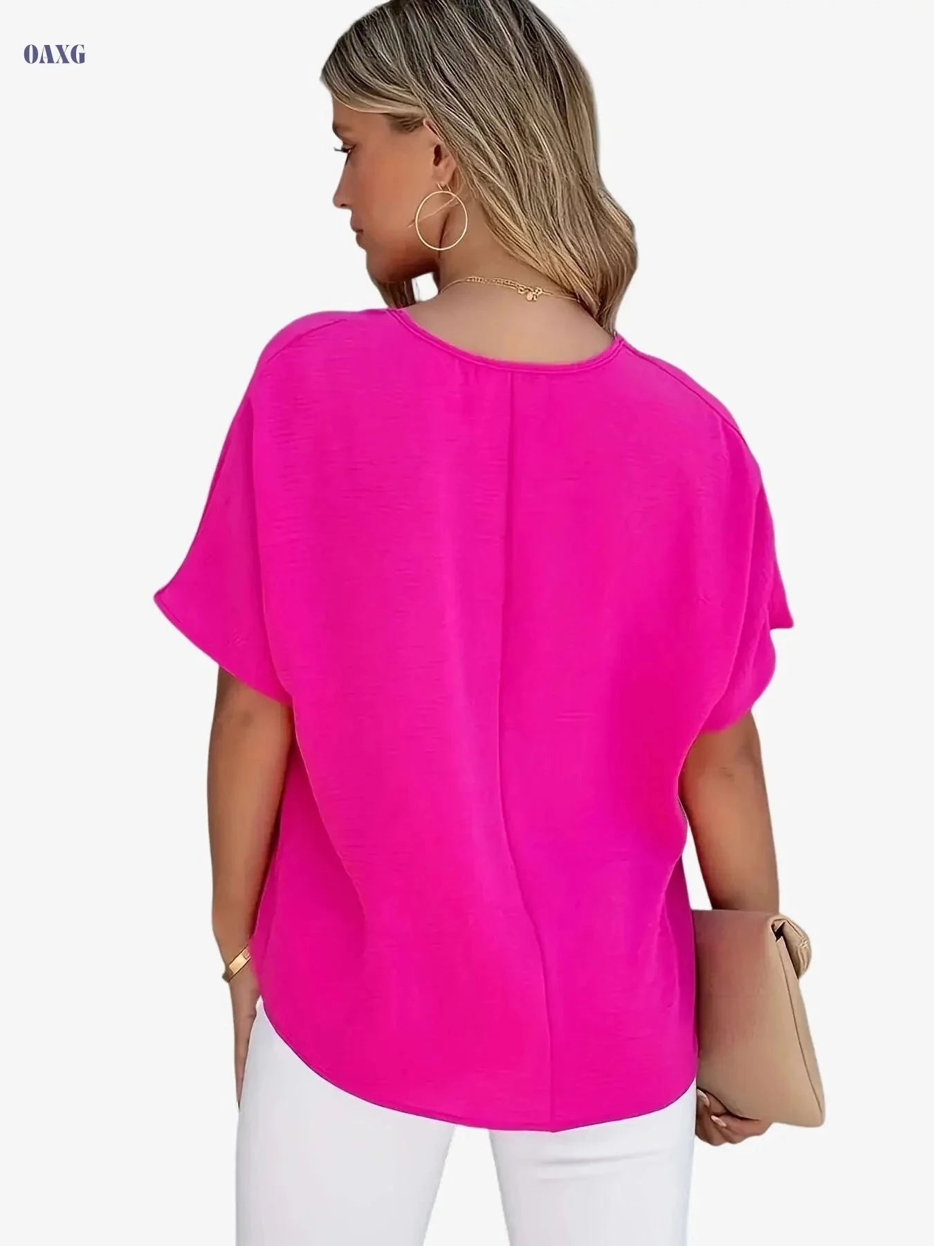 Casual V-Neck Short-Sleeved Shirt - Solid Color Summer Top   OAXG Rose Red / S