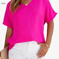 Casual V-Neck Short-Sleeved Shirt - Solid Color Summer Top   OAXG Rose Red / S