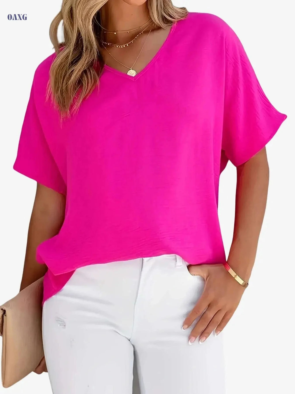 Casual V-Neck Short-Sleeved Shirt - Solid Color Summer Top   OAXG Rose Red / S