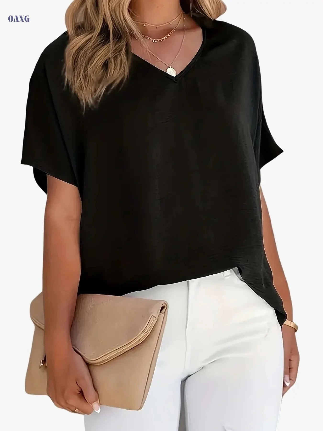 Casual V-Neck Short-Sleeved Shirt - Solid Color Summer Top   OAXG 