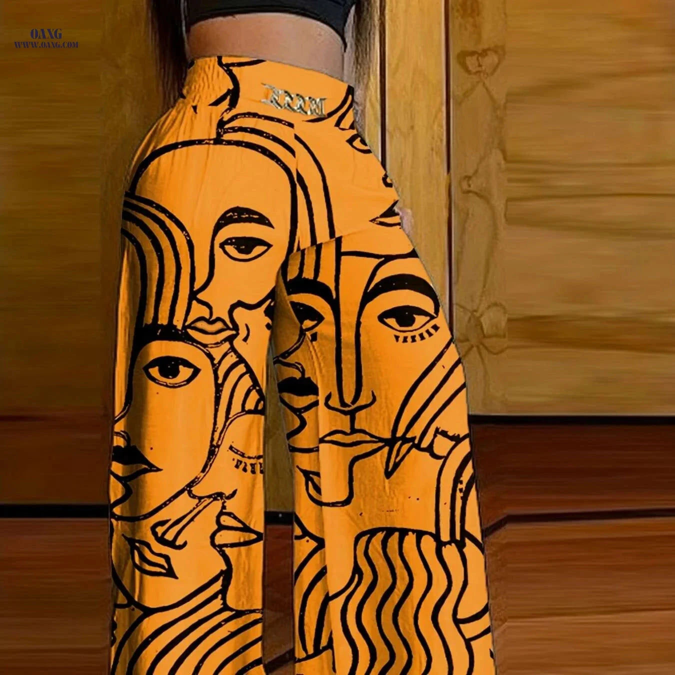 Casual Wide Leg Abstract Face Print Pants - Women's High Waist Style   OAXG 