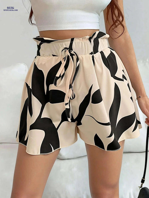 Casual Women's Elastic Waist Shorts - Geometric Pattern, Lace-Up Style   OAXG 